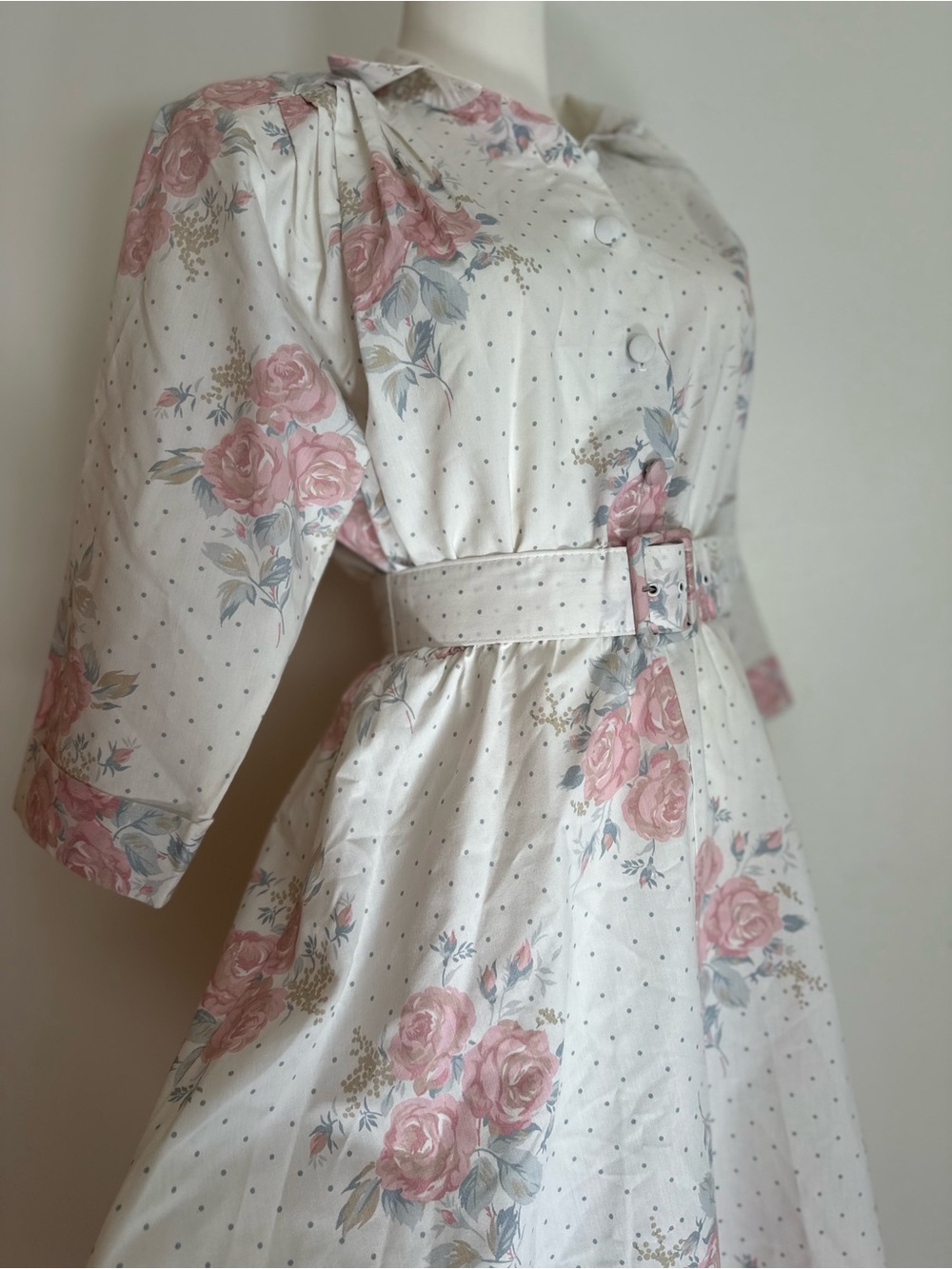 Vintage Floral Belted Collared Midi Shirt Dress Ditsy Dot Cottage USA Made